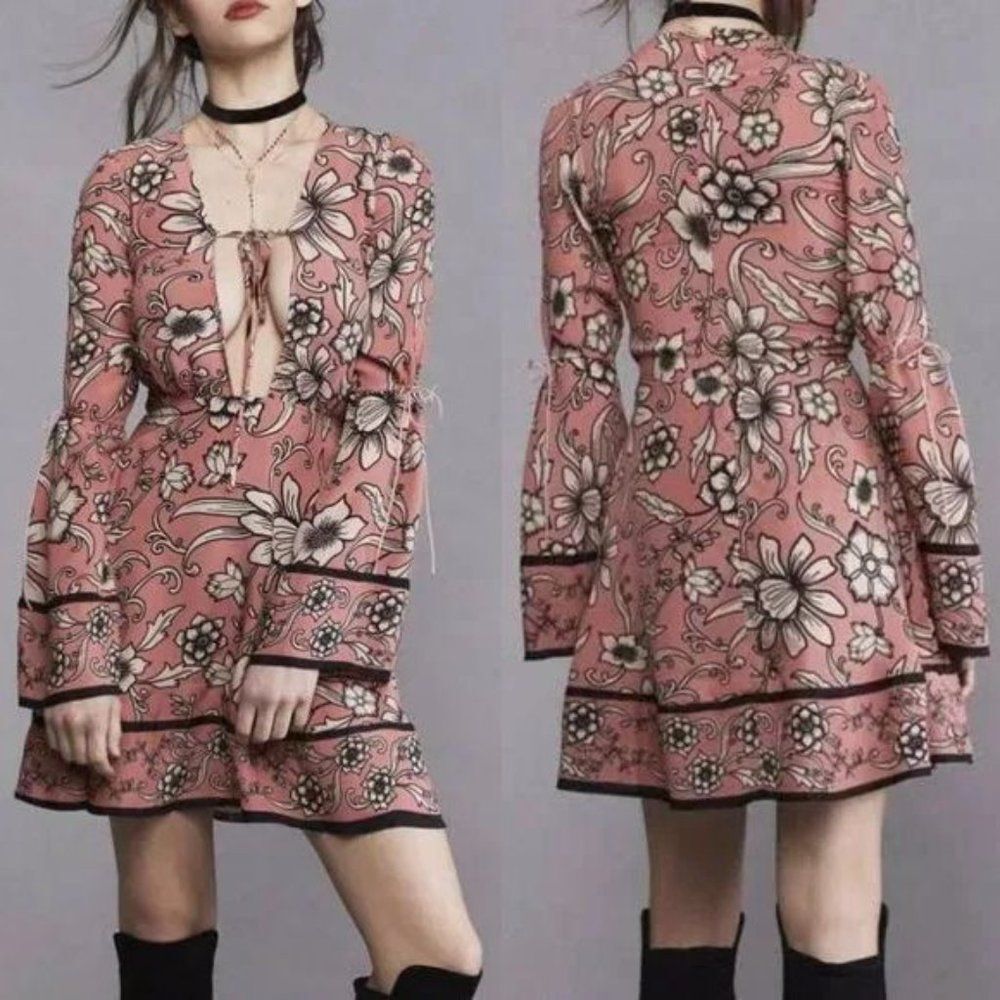 For Love & Lemons Mini Dress Ayla Floral Bell Sleeve Plunge Neckline Cottage XS
